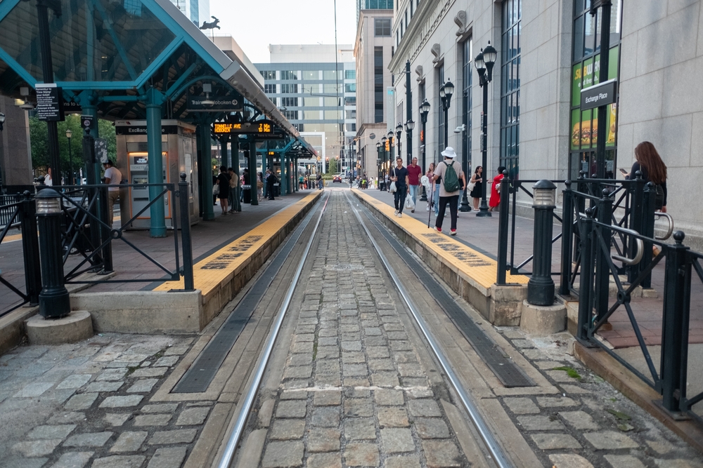 Hudson Bergen Lightrail station downtown Jersey City near Exchange Place.