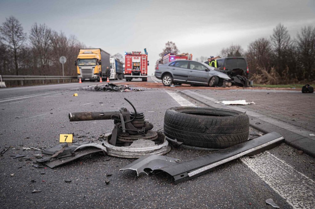 Debris and evidence markers at a Salt Lake City truck accident scene involving multiple defendants.