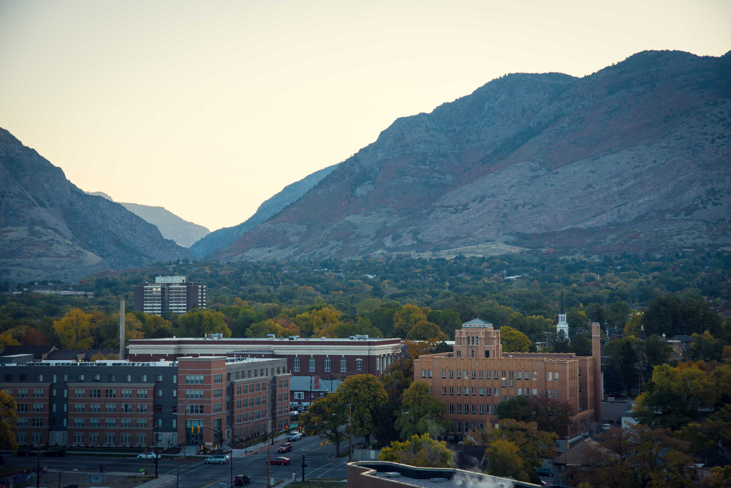 Aerial view of Orem city infrastructure and university-area roadways where pedestrian accidents and liability disputes occur.