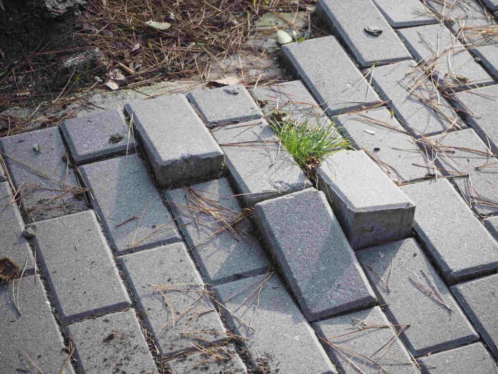 Hazardous uneven stone pavers on a walkway, illustrating dangerous conditions that lead to pedestrian accident liability on the Idaho Falls Greenbelt.