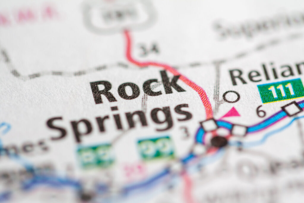 A map closeup highlighting Rock Springs indicates the service region for Rock Springs Product Liability Lawyers.