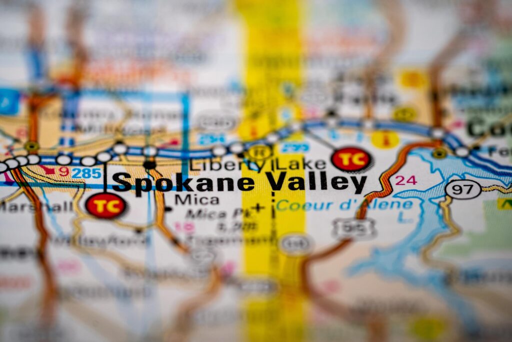 A geographic map showing Spokane Valley highlights the region served by Spokane Dog Bite Lawyers.
