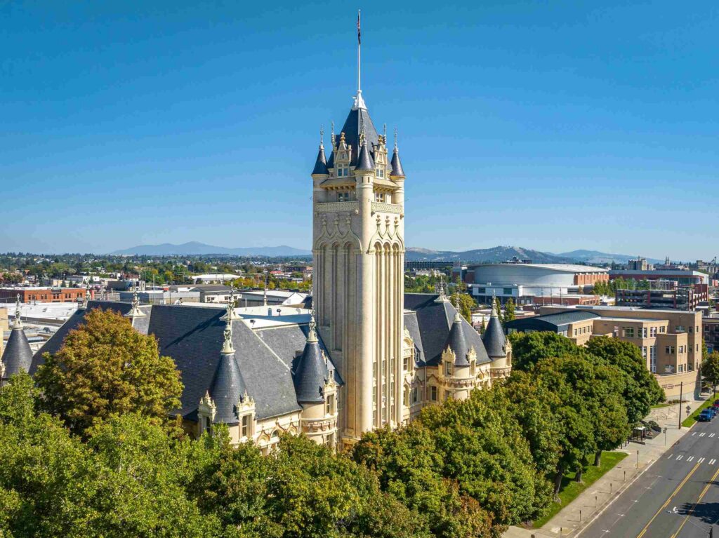 An aerial view of the historic Spokane County Courthouse highlights the region served by Spokane Product Liability Lawyers.